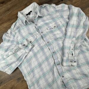 Banana Republic XL Teal White Plaid Long Sleeve Linen Button Up Shirt‎